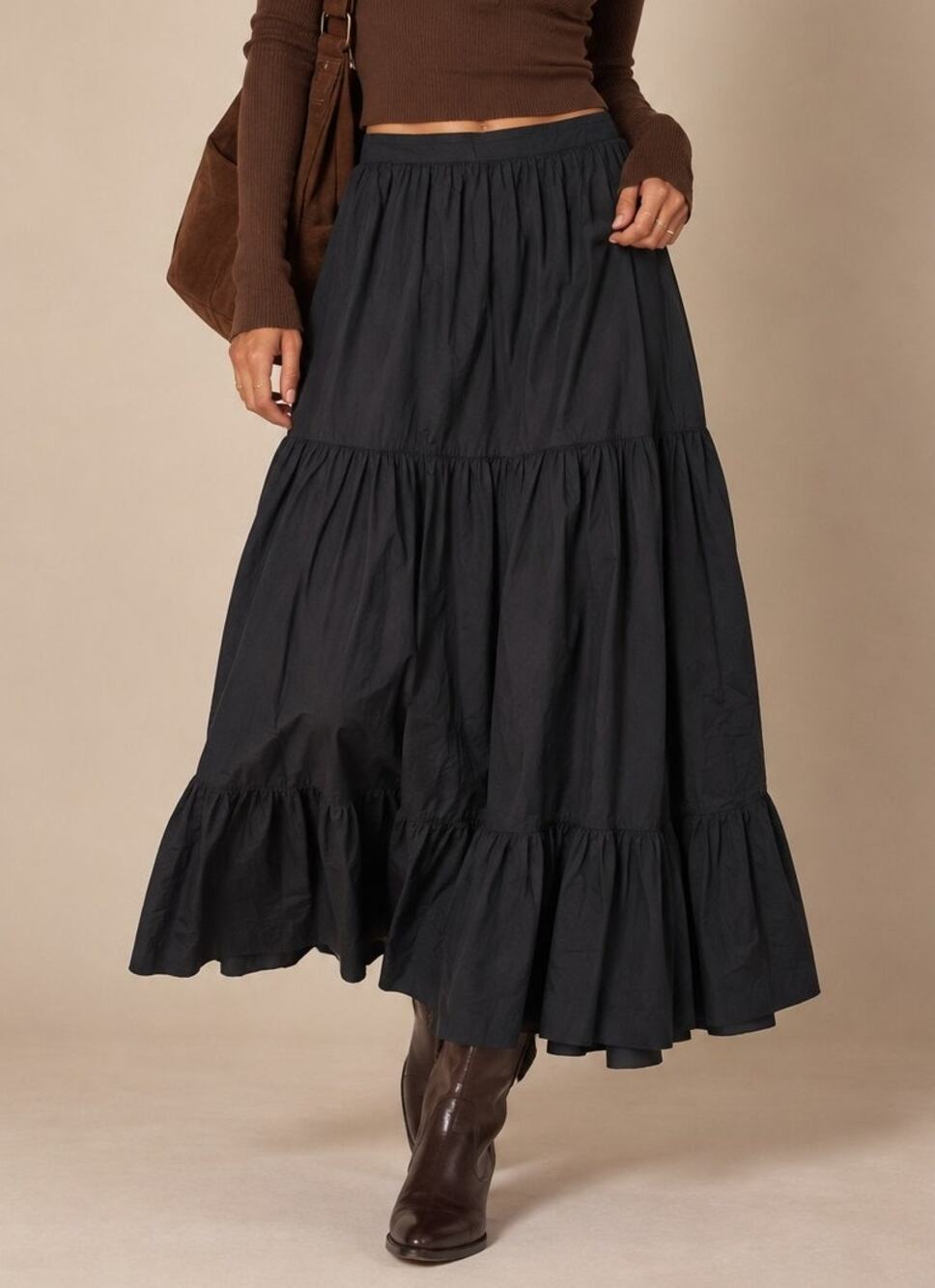 Abercrombie & Fitch Poplin Tiered Maxi Skirt Size M Black Cotton Boho Romantic